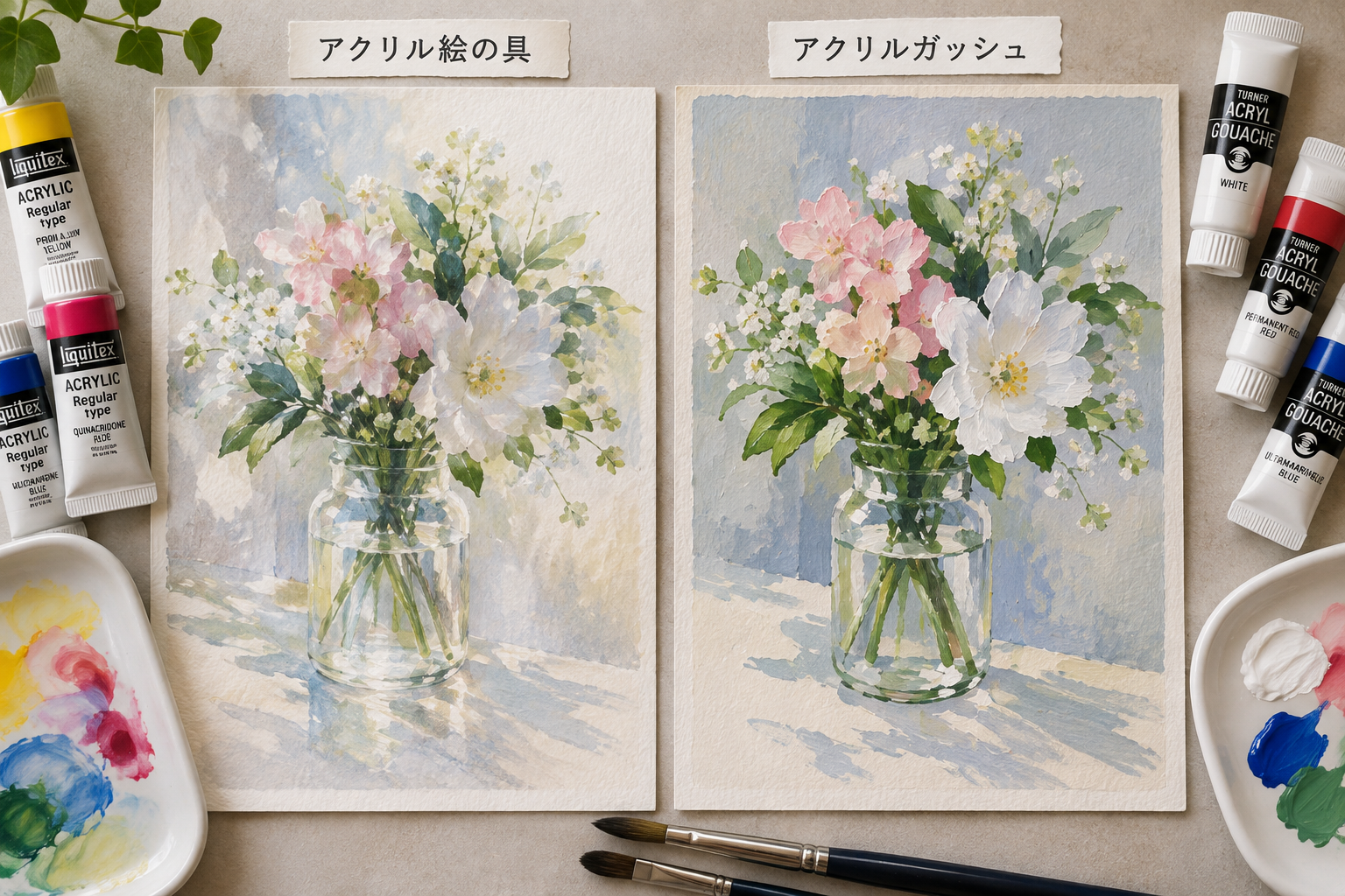 同じモチーフをアクリル絵の具とアクリルガッシュで描き分けた写真