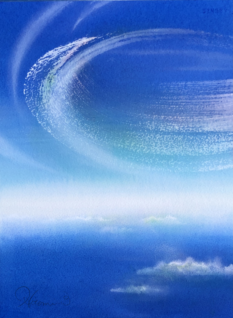 アクリル絵の具で青い空と青い海を表現した若生ひとみの絵画